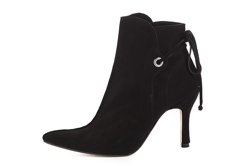 Matt black women's ankle boots with laces at the back. Tapered toe. Very high spool heels. Profile view - Florence KOOIJMAN